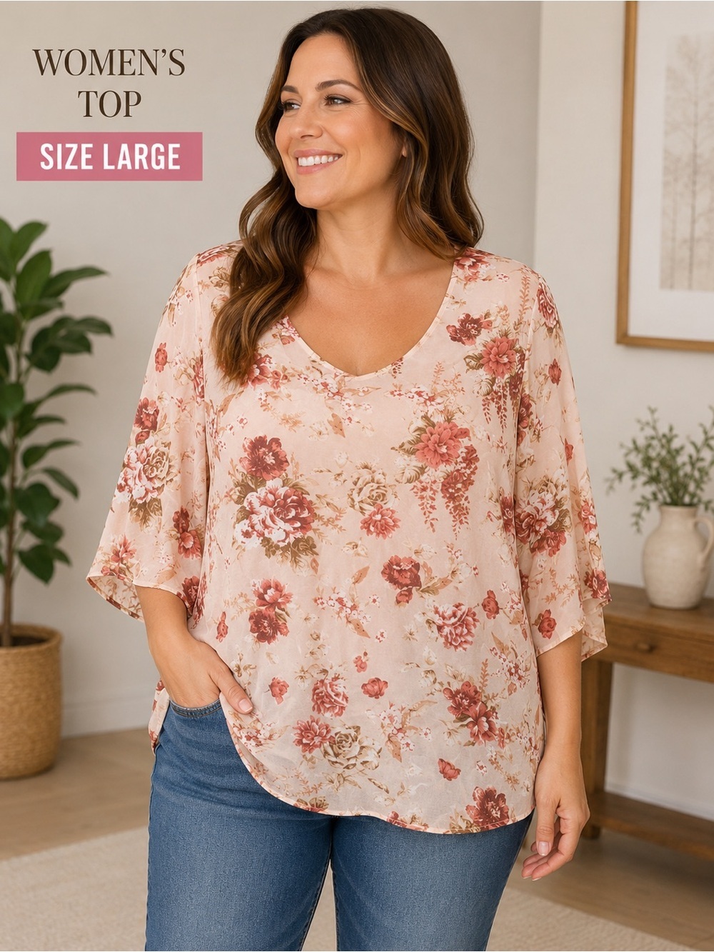 Neiman Marcus Cream Blouse with Rose Floral Print LARGE